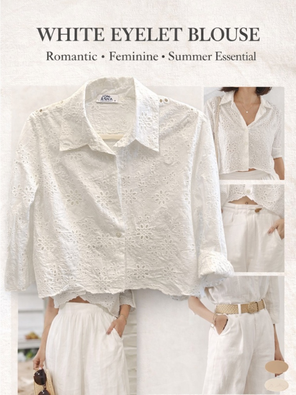 White Eyelet Blouse - Feminine Collared Top
